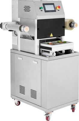 Fecho de bandeja automático comercial DQ320L-E com aço inoxidável 304 de qualidade alimentar e molde de alumínio anodizado 6061 para embalagens de atmosfera modificada